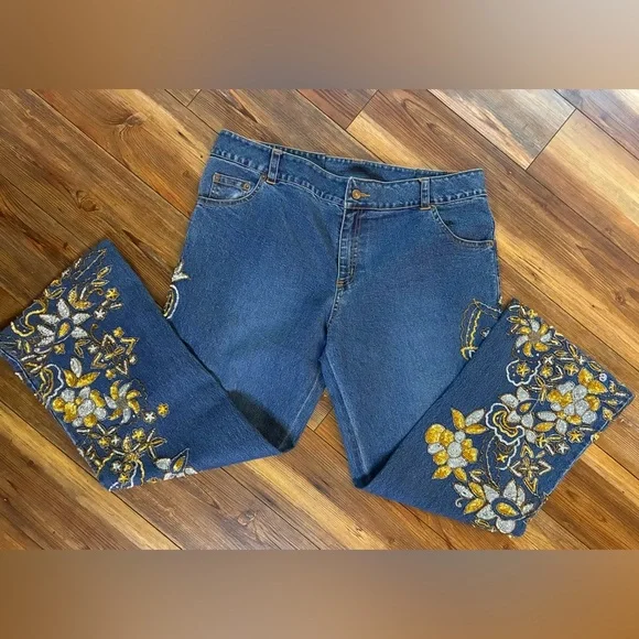 Vintage Style Midnight Velvet Floral Sequins Jeans Size 22W - Picture 13 of 14